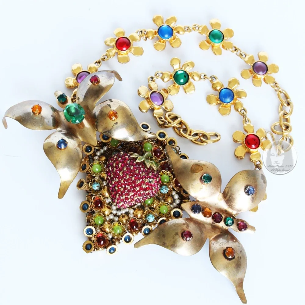 Vintage Butterfly & Berry Necklace Rhinestones Florals By Stephanie Lake Design